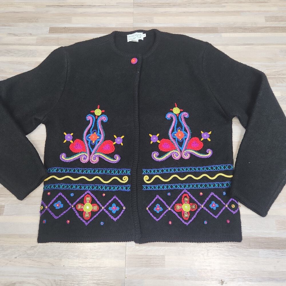 Vintage Doncaster Sport 100% Wool Black Cardigan Women’s M Candle Sweater
